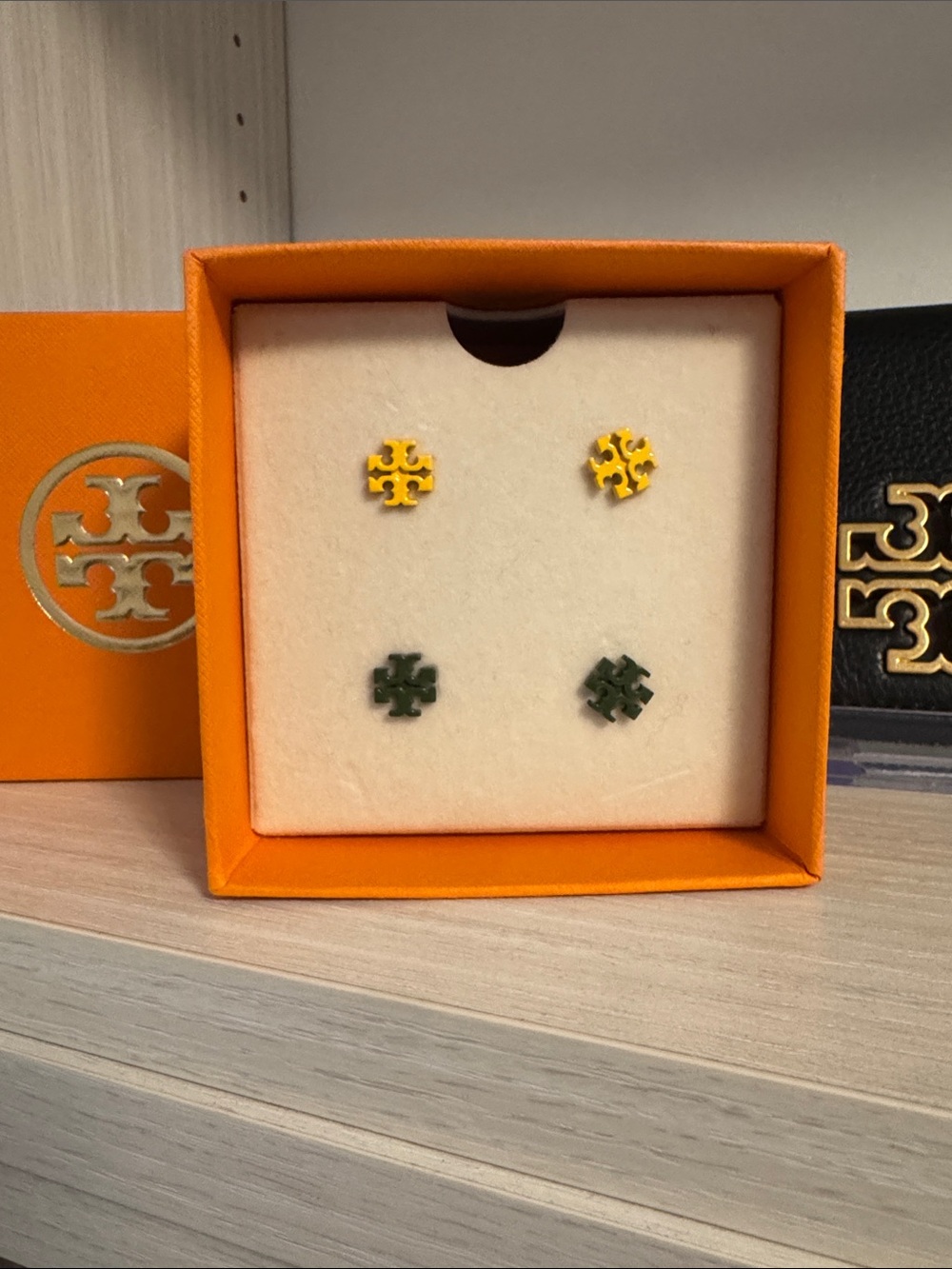 Tory Burch Enamel Double-T Stud Earrings in Yellow & Dark Green - Picture 1 of 3
